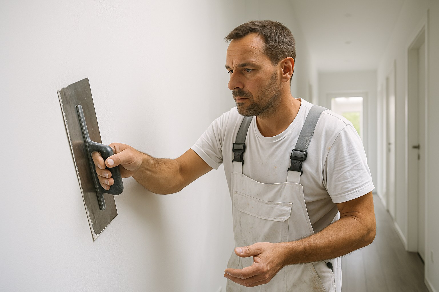 Stukadoor die een gladde witte wand afwerkt in een helder interieur